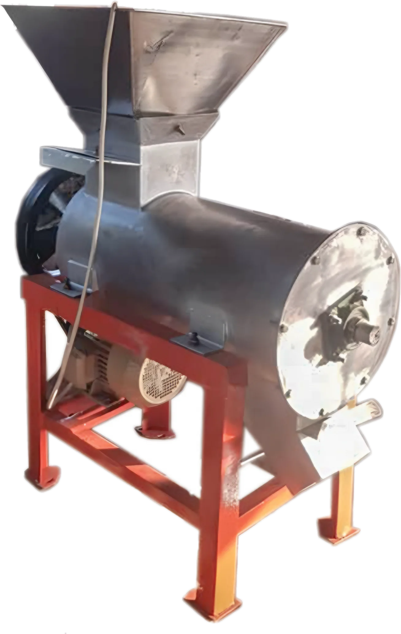 Stainless steel palm nut digester with top hopper and horizontal drum on an orange-red frame